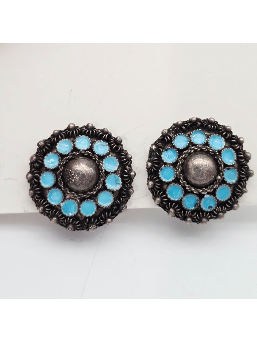 Vintage Round Clip-On Earrings With Blue Enamel & Ornate Metal Detailing 3/4"